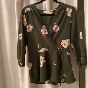 Green floral print v neck blouse